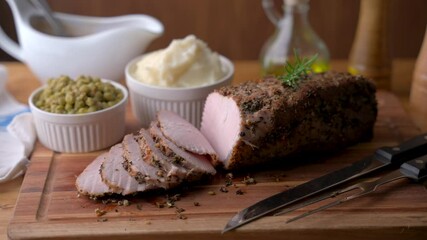 Wall Mural - slieced roasted pork on wooden cutting board