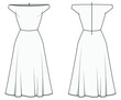 Women Off Shoulder Skater Dress Front and Back View. fashion illustration vector, CAD, technical drawing, flat drawing.