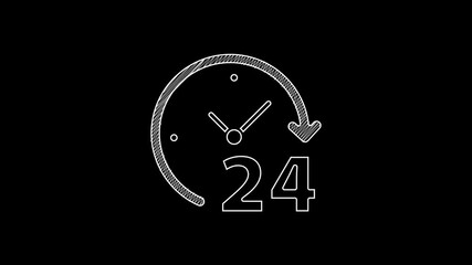 Poster - White line Clock 24 hours icon isolated on black background. All day cyclic icon. 24 hours service symbol. 4K Video motion graphic animation