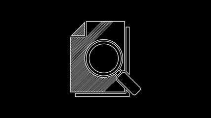 Poster - White line Document with search icon isolated on black background. File and magnifying glass icon. Analytics research sign. 4K Video motion graphic animation