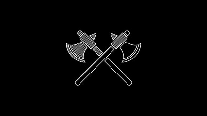 Sticker - White line Crossed medieval axes icon isolated on black background. Battle axe, executioner axe. 4K Video motion graphic animation