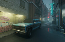 A 3d Rendered Background From An Urban Alley At Night With Lights From The Colorful Signs And An Old Car. 