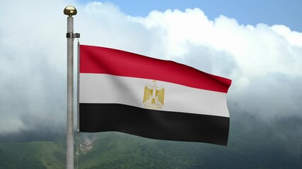 Wall Mural - 3D, Egyptian flag waving on wind at mountain. Egypt banner blowing smooth silk. Cloth fabric texture ensign background. Use it for national day and country occasions concept.