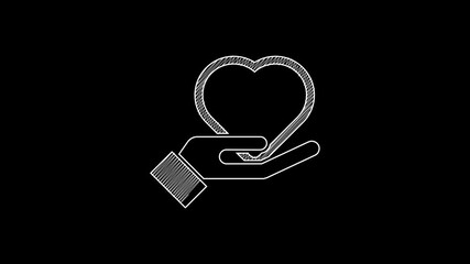 Poster - White line Heart on hand icon isolated on black background. Hand giving love symbol. Valentines day symbol. 4K Video motion graphic animation