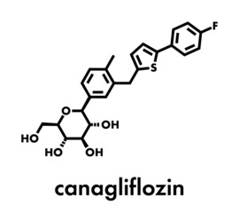 Sticker - Canagliflozin diabetes drug molecule. SGLT2 inhibitor used in treatment of type II diabetes. Skeletal formula.