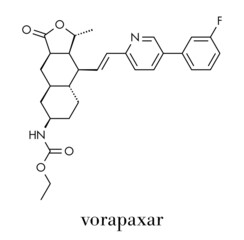 Sticker - Vorapaxar acute coronary syndrome chest pain drug molecule. Skeletal formula.