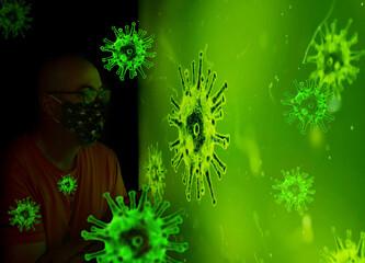 man in the room with 3d virus models