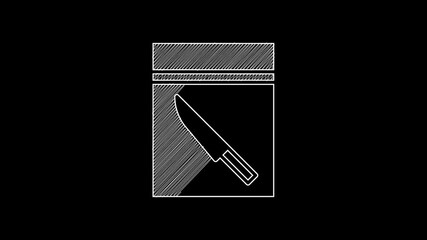 Poster - White line Evidence bag and knife icon isolated on black background. 4K Video motion graphic animation