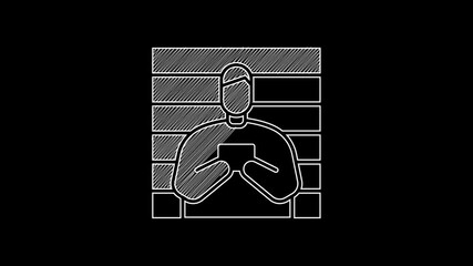 Canvas Print - White line Suspect criminal icon isolated on black background. The criminal in prison, suspected near the board. 4K Video motion graphic animation