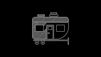 Sticker - White line Rv Camping trailer icon isolated on black background. Travel mobile home, caravan, home camper for travel. 4K Video motion graphic animation