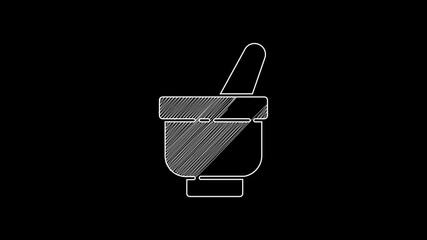 Sticker - White line Magic mortar and pestle icon isolated on black background. 4K Video motion graphic animation