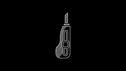 Poster - White line Stationery knife icon isolated on black background. Office paper cutter. 4K Video motion graphic animation