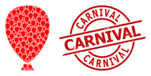 Red Round Stamp Contains Carnival Tag Inside Circle. Vector Celebration Balloon Fractal Is Organized From Repeating Fractal Celebration Balloon Pictograms. Scratched Carnival Stamp Seal,