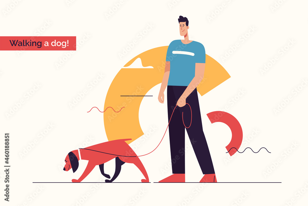 Vector illustration depicting a young smiling man walking a dog on a ...