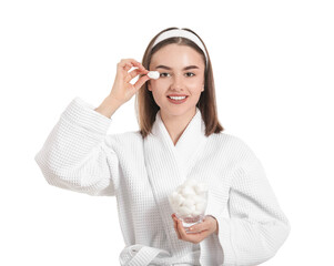 Wall Mural - Beautiful young woman with cotton wool on white background