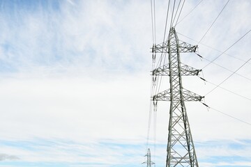 Electricity power line. Dramatic sky. Concept urban landscape. Energy, power generation, equipment, industry, environmental damage, pollution, ecology, supply, infrastructure