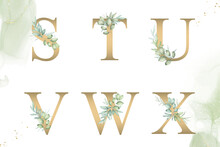 Watercolor Floral Alphabet Set Of S, T, U, V, W, X With Hand Drawn Foliage