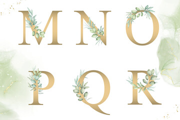 Wall Mural - Watercolor floral alphabet set of m, n, o, p, q, r with hand drawn Foliage