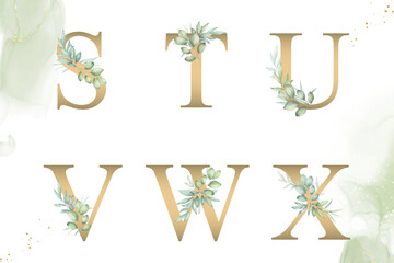 Wall Mural - Watercolor floral alphabet set of s, t, u, v, w, x with hand drawn Foliage