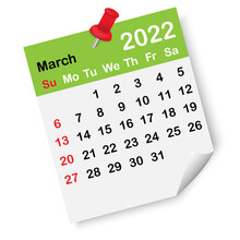 March Green Calendar Page. Red Drawing Pin. 2022 Year. Organizing Concept. Wall List. Vector Illustration. Stock Image. 