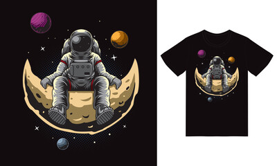 astronaut sitting on moon illustration with tshirt design premium vector