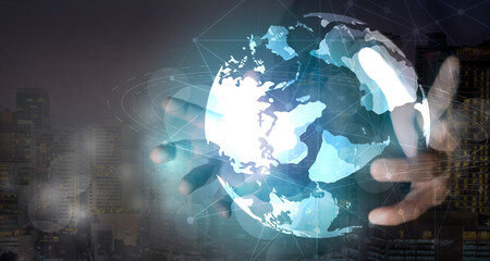 Wall Mural - global connection and social network of databases. social media technology online connect