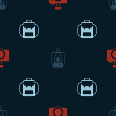 Poster - Set Photo camera, Camping lantern and Hiking backpack on seamless pattern. Vector