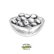 Bowl with beautiful olives, hand drawn retro vector illustration.
