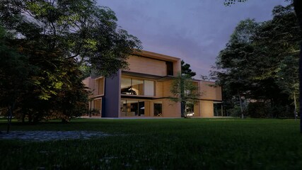 Wall Mural - Modern large wooden mansion with roof terrace, pool and garden at night