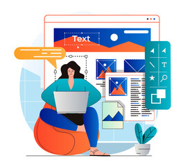Leinwandbilder - Web design concept in modern flat design. Woman designer create and optimize graphic elements, programming and testing. Developer creates interface layout, working at laptop. Vector illustration