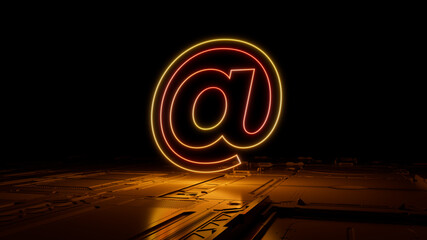 Orange and Yellow Email Technology Concept with @ symbol as a neon light. Vibrant colored icon, on a black background with high tech floor. 3D Render