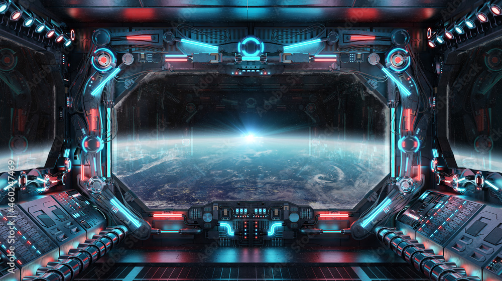 Dark spaceship interior with glowing blue and red lights. Futuristic ...