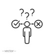 false or true choice icon, yes and no, man make evaluation, negative or positive conclusion, right answer person, thin line symbol - editable stroke vector illustration