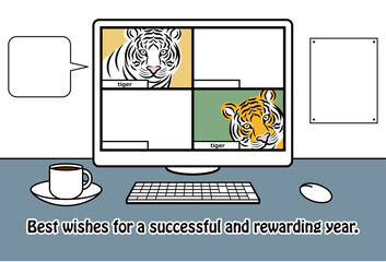 寅年 フォトフレーム 年賀状テンプレート 寅とオンライン会議をしているPC画面 イラスト ベクター
Year of the Tiger photo frame New Year greeting card template PC screen with tiger and online meeting illustration vector