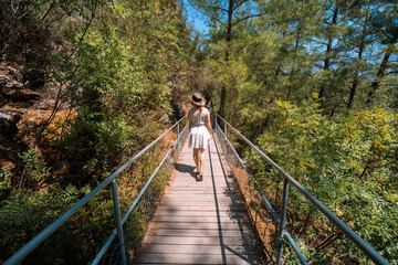 Sticker - The road to cave. Ancient formations of stone. Touristic hiking route. Concept of excursions and attractions. Cuceler