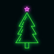 Concept christmas fir tree icon with star green neon glow style, happy new year and merry christmas flat vector illustration, isolated on black.
