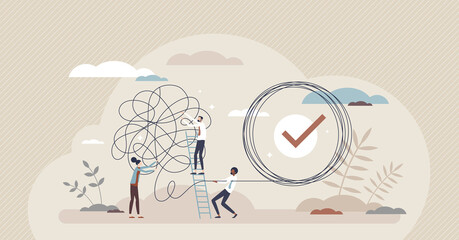 Problem solution as complete difficult and messy task tiny person concept. Business problems solved and challenges successfully done with help or support from professional teamwork vector illustration