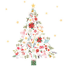 Beautiful Christmas Abstract Fir Tree With Gifts Hand Drawn Watercolor Stock Illustration.