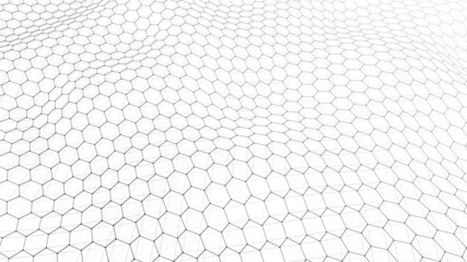 Wall Mural - Futuristic vector hexagon wave. White cyberspace. Abstract wave with dots and line. Dark moving particles on background.