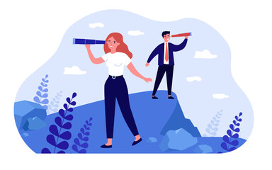 Wall Mural - Business people looking ahead through telescope. Man and woman characters standing with spyglass. Successful vision of future, leadership concept for banner, website design or landing web page