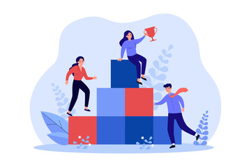 business people climbing career ladder for award. businessman character standing at podium, woman le