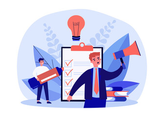 Wall Mural - tiny business people working with checklist. businessman with megaphone announcing agenda list flat 