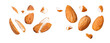 almond piece , almond fly on white, blast healthy food, food on white clipping path , marco stack image