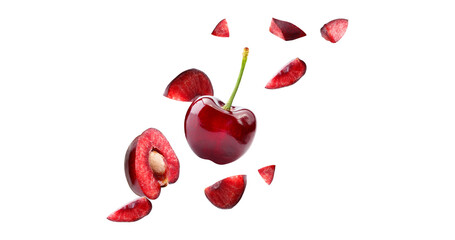 Wall Mural - cherry on isolated , piece food,red berry fly on air ,superfood vitamins cheery,slice red berry,food cherry on white clipping path,.marco stack image