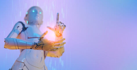 Artificial intelligence technology network security IoT and machine learning future digital technology, 3D robot with futuristic cyber space metaverse background.