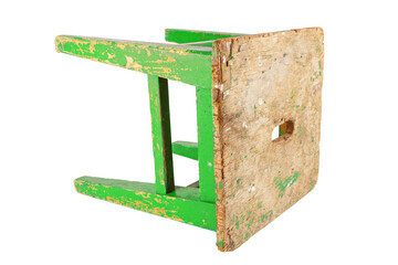 Wall Mural - Old wooden stool with peeling lime green paint. Loft style chair isolated on a white background.