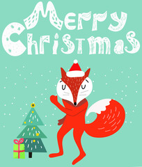  The inscription Christmas card Merry Christmas, the fox is dancing near the Christmas tree.