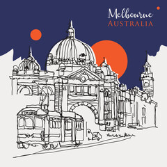 Wall Mural - Drawing sketch illustration of Flinder Street Central Station in Melbourne, Australia