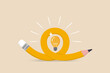 Creative idea, imagination, writing skill or learning and education concept, bending pencil with bright lightbulb idea.