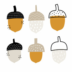 Vector set with illustration of cute childish simple doodle acorns on white background in Scandinavian style. Autumn elements. Acorns collection. Perfect for background, poster, prints, cards.